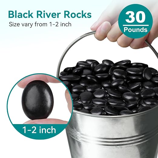 30 lbs Black Rocks for Planters, Polished Garden Stones for Outdoor Landscaping - Image 2