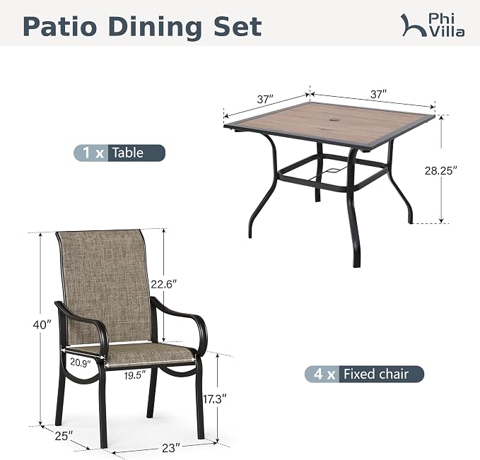 PHI VILLA 5 Piece Outdoor Dining Set, PVC Wooden-Like Square Table - Image 8