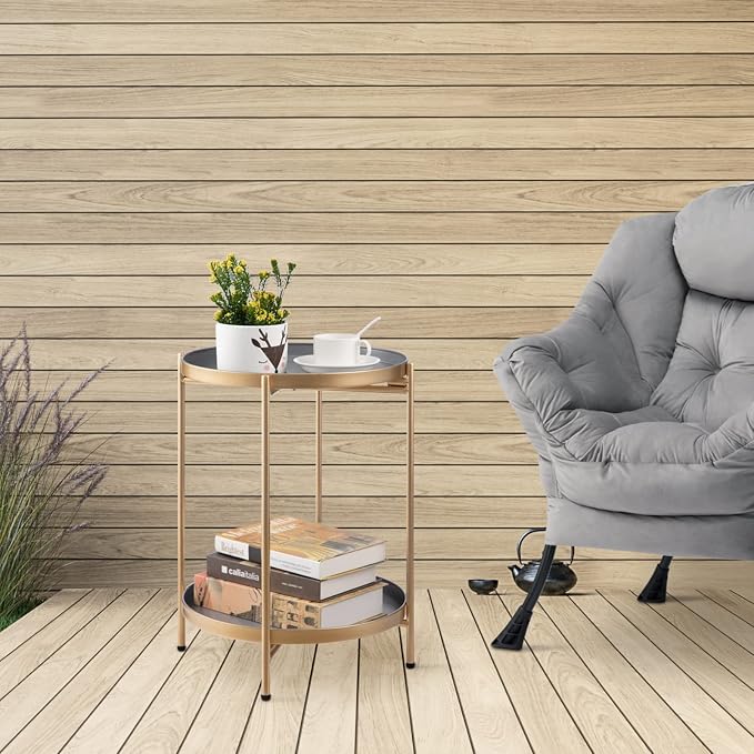 HollyHOME 2-Tier Round Gold Side Table, Outdoor Small Folding Accent Stand - Image 5