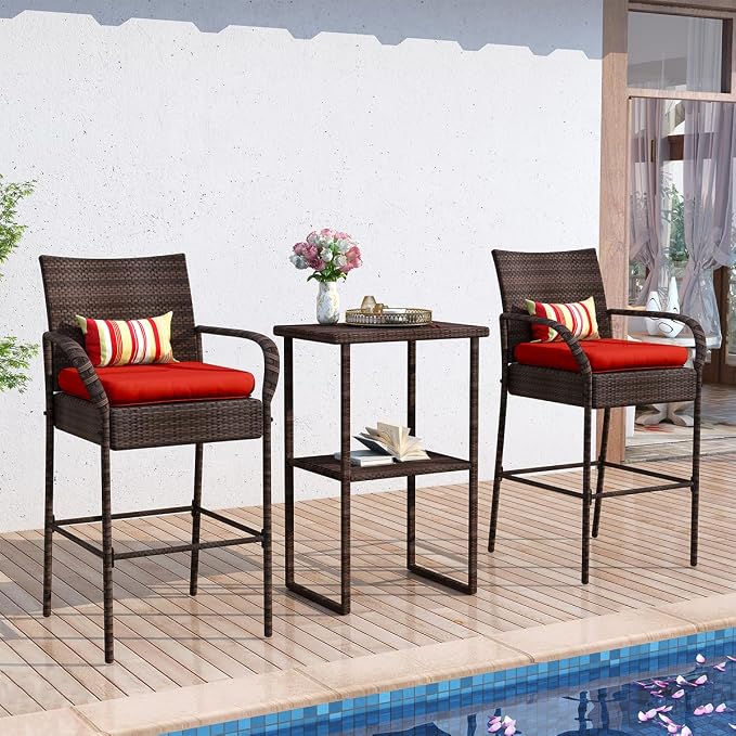 Sundale Outdoor Wicker Bar Stool Set of 4, Patio Counter Height Pub Chair - Image 4