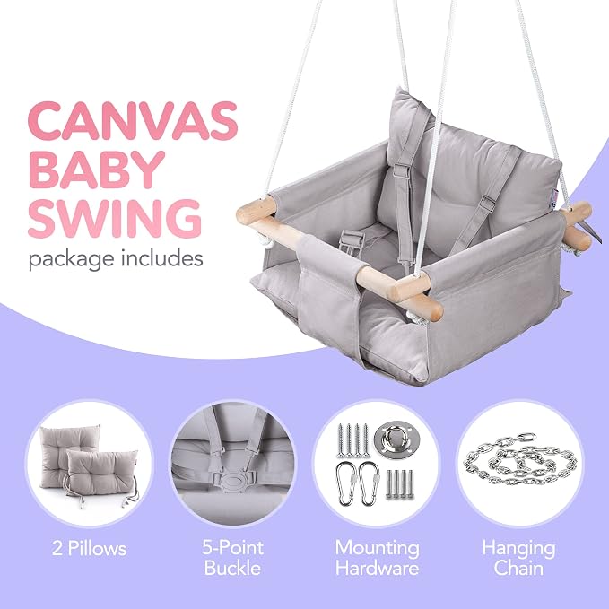 CaTeam - Canvas Baby Swing, Wooden Hanging Swing Seat Chair - Image 3
