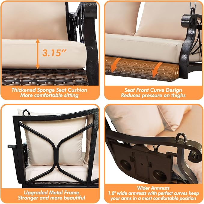 3-Person Wicker Porch Swing Chair Heavy Duty 900 LBS Outdoor Rattan Patio Swing - Image 4