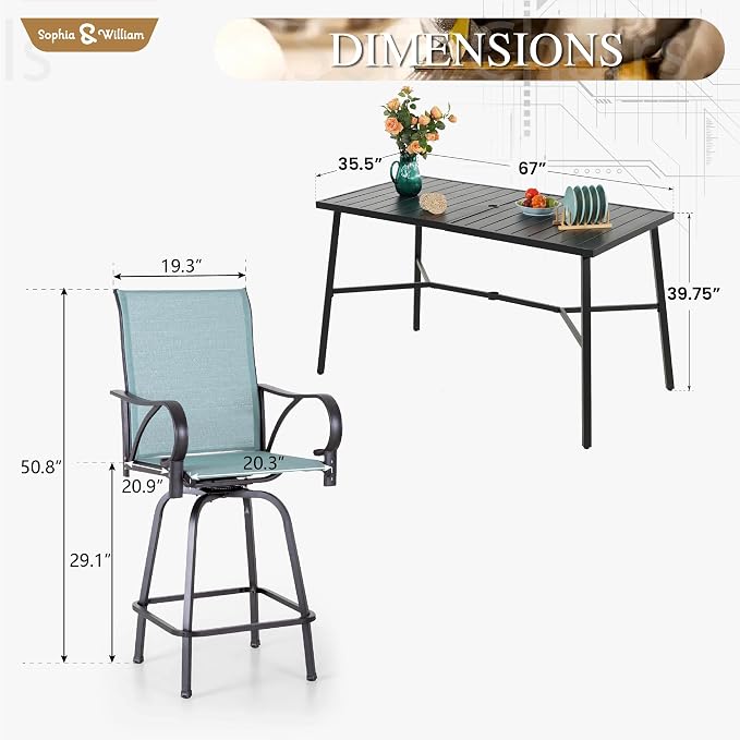Sophia & William Outdoor Bar Set, Patio Bar Table and Chairs Set, Bar Height - Image 7