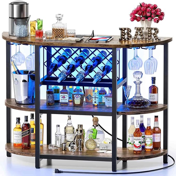 Zarler Bar Cart with Power Outlet Easy to Assemble, LED Home Bar Cabinet by ZarlerOfficial