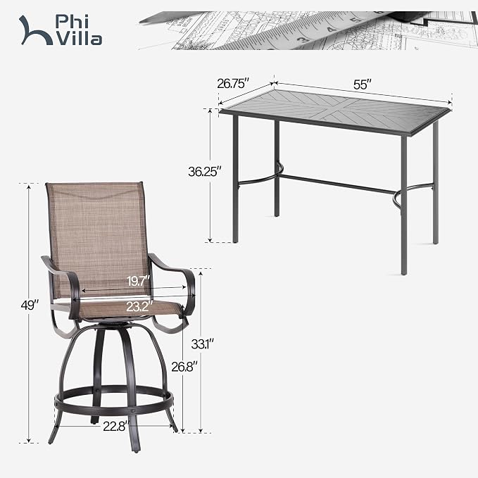 PHI VILLA 5 Piece Outdoor Bar Set, Counter Height Patio Bar Table and Chairs - Image 7