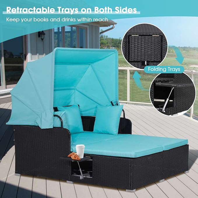 Moccha Outdoor Daybed with Retractable Canopy, Wicker Cabana with 2 Side Tables - Image 8