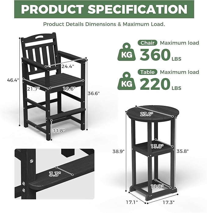 Outdoor Bistro Bar Set, Patio High Top Table and Bar Height Tall Adirondack - Image 4