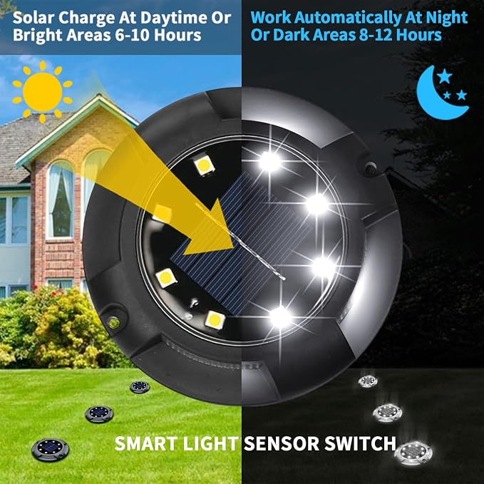 Solar Ground Lights Outdoor Waterproof, 8 Pack 12 LEDs Solar Garden Disk Lights - Image 3