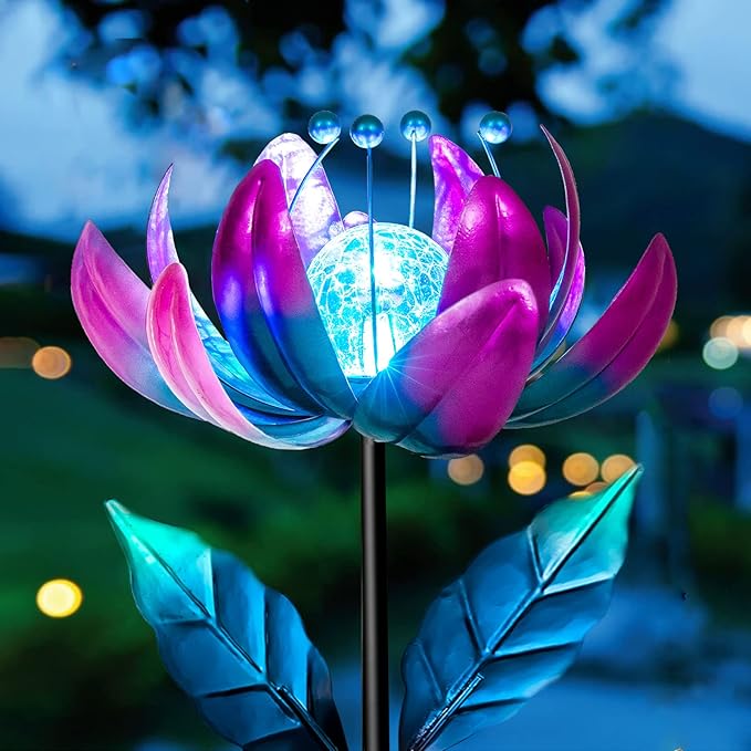 Solar Purple Metal Flower Wind Spinners, Colorful Spinning Windmill Lotus Yard by AIINY