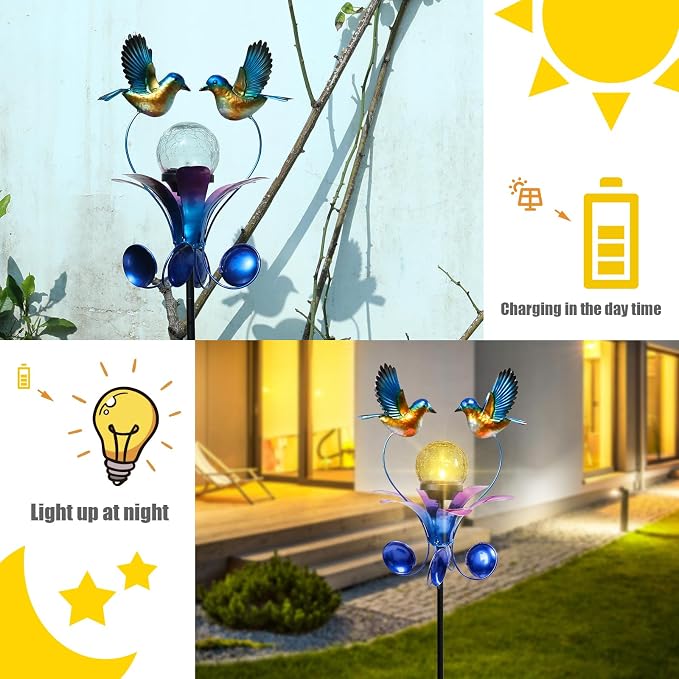 VCUTEKA Solar Lights Outdoor Metal Garden Stake Waterproof Crackle Glass Globe - Image 3