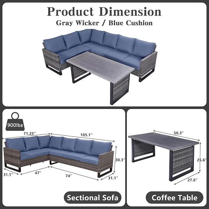 Belord Outdoor Sectional Sofa 6 Seater L Shaped Couch Wicker Patio Conversation - Image 2