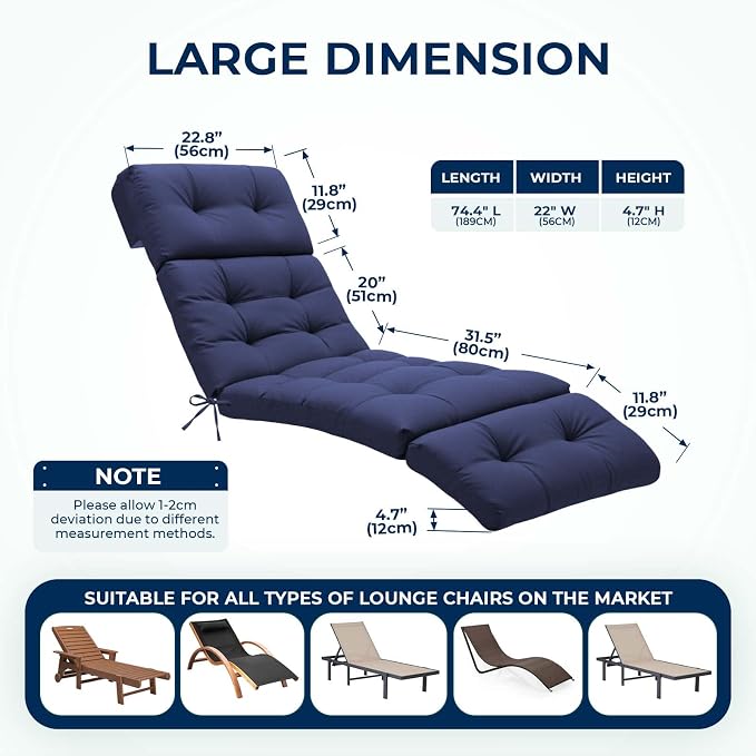Outdoor Chaise Lounge Chair Cushion 74.4 x 22 x 4.7 Inches Non-Slip Lounge - Image 2