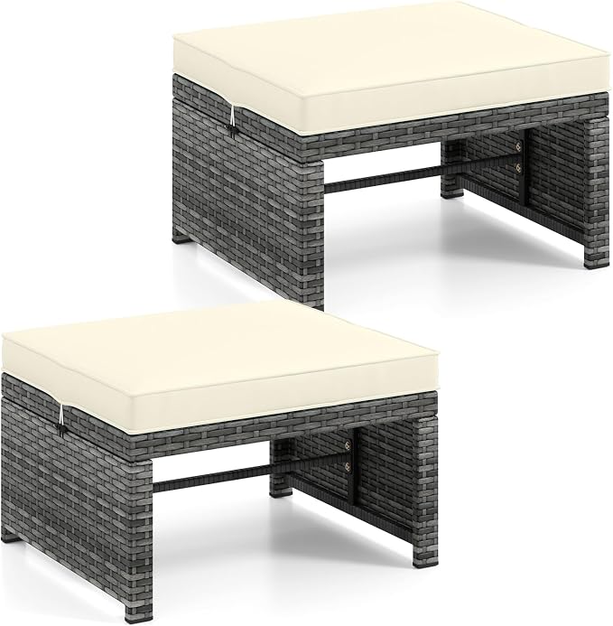 ORALNER Outdoor Ottoman, All-Weather Rattan Foot Stool w/Cushions, Foot Rest - Image 9