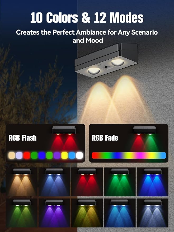 Fence Lights Solar Powered 2 Pack, RGB Fence Solar Lights Outdoor Waterproof Led - Image 3