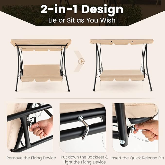 Tangkula 2 Person Porch Swing, 2-in-1 Convertible Outdoor Swing Bed - Image 3