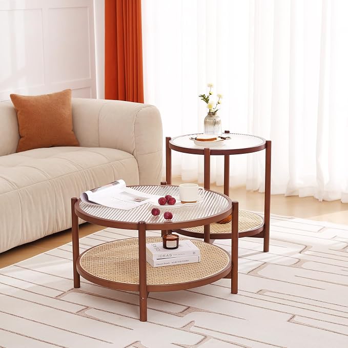 Tiita Rattan Nightstand Side Table, Bamboo Accent Bedside Tables, Glass Coffee - Image 7