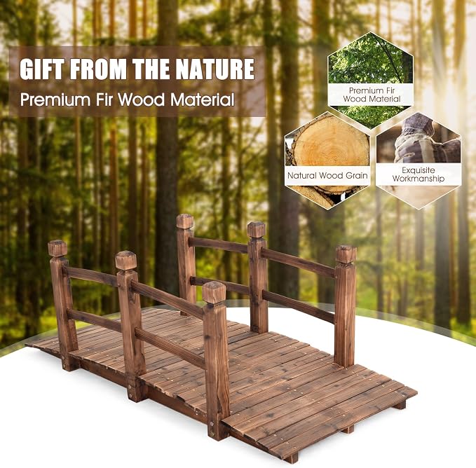 Giantex 5 FT Wooden Garden Bridge, Stained Wood Arc Footbridge - Image 7
