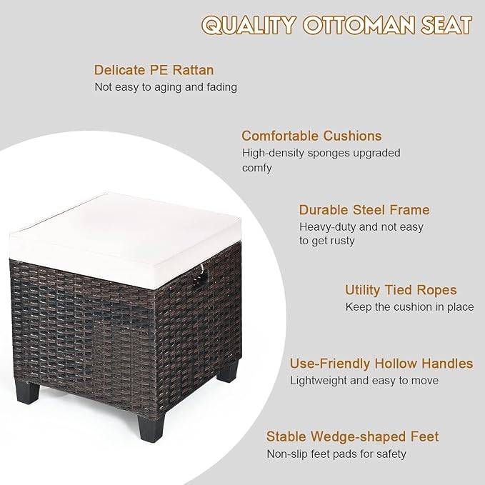 2PCS Patio Outdoor Ottomans, Rattan Wicker Ottoman Seat w/Removable Cushions - Image 6