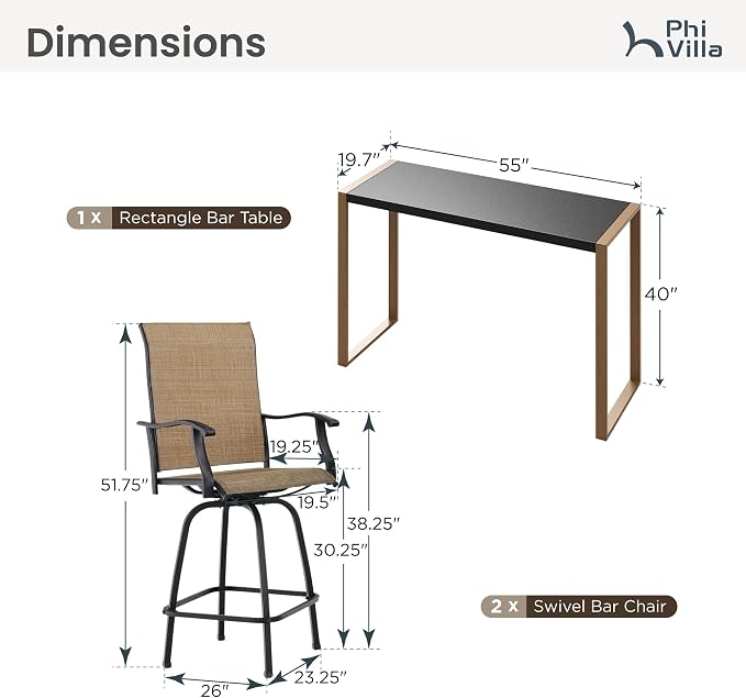 PHI VILLA 3 Piece Outdoor Bar Set, High Top Patio Table and Chairs - Image 7