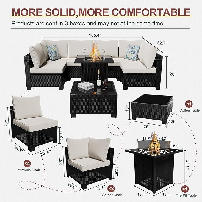 8 Pcs Patio Furniture Set with Fire Pit Table Wicker Outdoor Sectional Sofa - Image 2