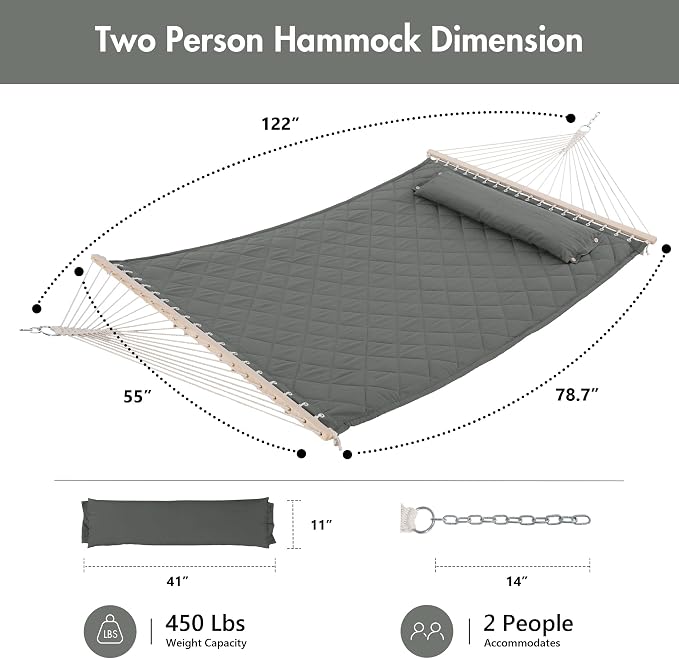 ANOW 2 Person Hammock with Spreader Bars and Detachable Pillow, Quilted Hammock - Image 6