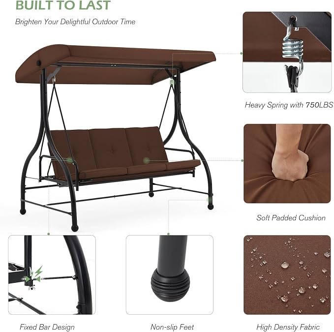 AECOJOY Porch Swing Chair, 3 Seats Porch Swing Adjustable Backrest & Canopy - Image 4
