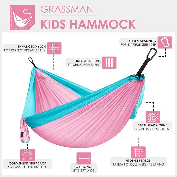 GRASSMAN Kids Hammock-Small Camping hammocks, Portable Camping Gear - Image 2