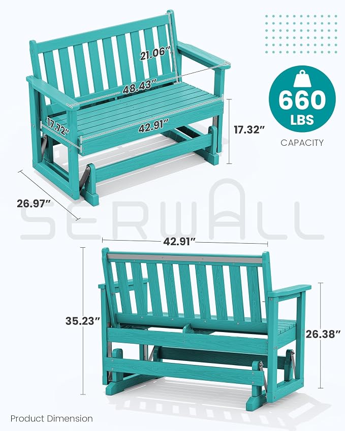 SERWALL 2 Person Patio Glider Bench, HDPE Material Weather-Resistant Swinging - Image 2