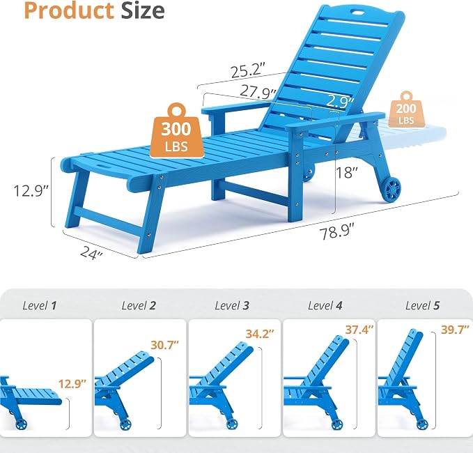 LUE BONA Outdoor Chaise Lounge Chairs Set of 4, HDPS Chaise Lounger, 5 - Image 2