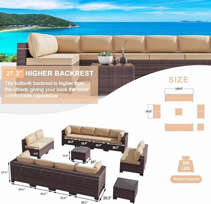 Kullavik 14 Pieces Outdoor Patio Furniture Set, Sectional Rattan Sofa Set Brown - Image 3