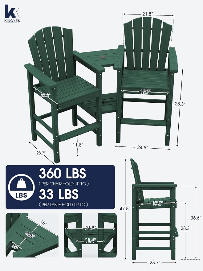 KINGYES Tall Adirondack Chair Set of 2, All Weather HDPE Bar Height Adirondack - Image 4