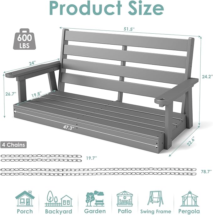 IVY&LANE Outdoor Porch Swing | HDPE Plastic | 2-Person | Hanging Bench Swings | - Image 2
