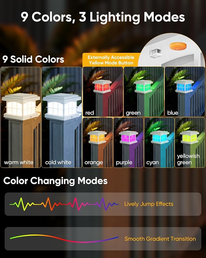 PARTPHONER RGBCW Solar Post Cap Lights 2-Pack, 9 Colors 3 Modes Fence Cap Lights - Image 2