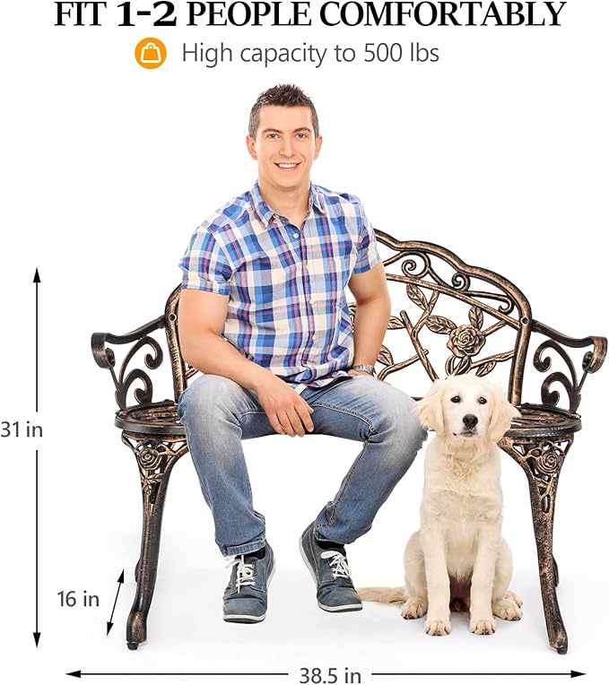 VINGLI 38.5" Patio Park Garden Outdoor Metal Rose Bench, 2-Person Cast Iron - Image 3