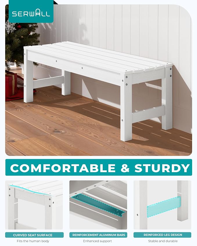 SERWALL 47 Inches Outdoor Bench Set of 2, All Weather HDPE Backless Bench - Image 6