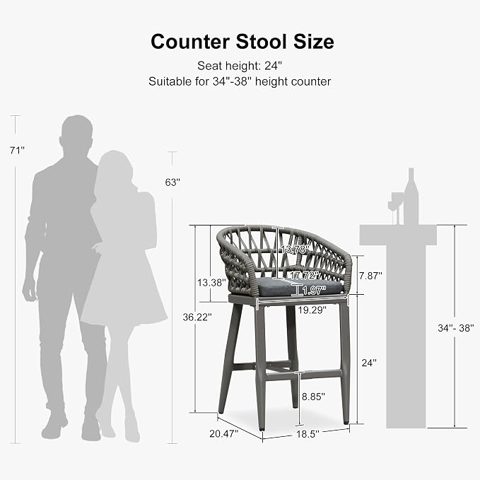 PURPLE LEAF Outdoor Rattan 24" Counter Height Bar Stools Chair Set of 2 - Image 3