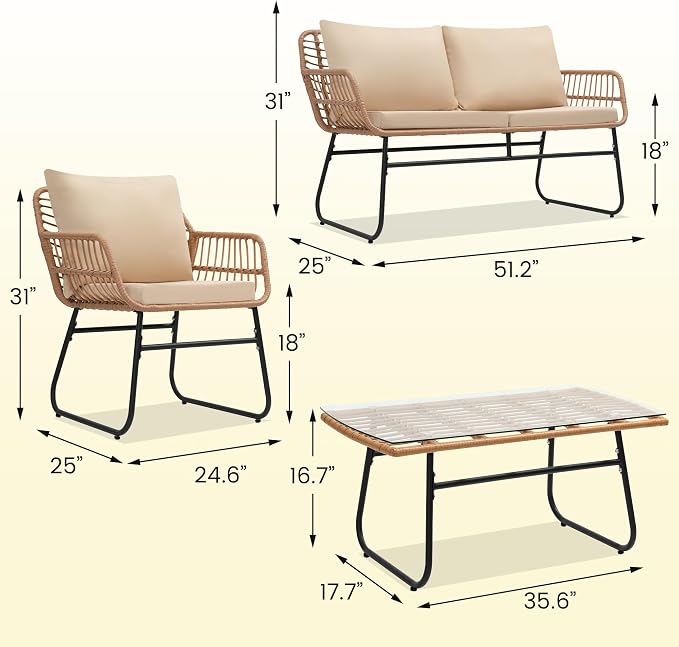 Kromax 4 Piece Patio Bistro Outdoor Furniture Set, Wicker Sofa, 2 Rattan Chairs - Image 6
