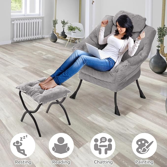 Lazy Chair with Folding Ottoman, Leisure Sofa Chair, Soft Fabric Armchair with - Image 7