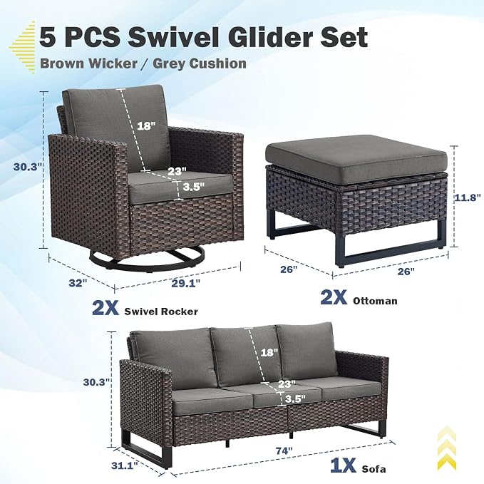 Belord Wicker Patio Furniture 5 Piece Outdoor Sofa Set, Oversize Outdoor Swivel - Image 2