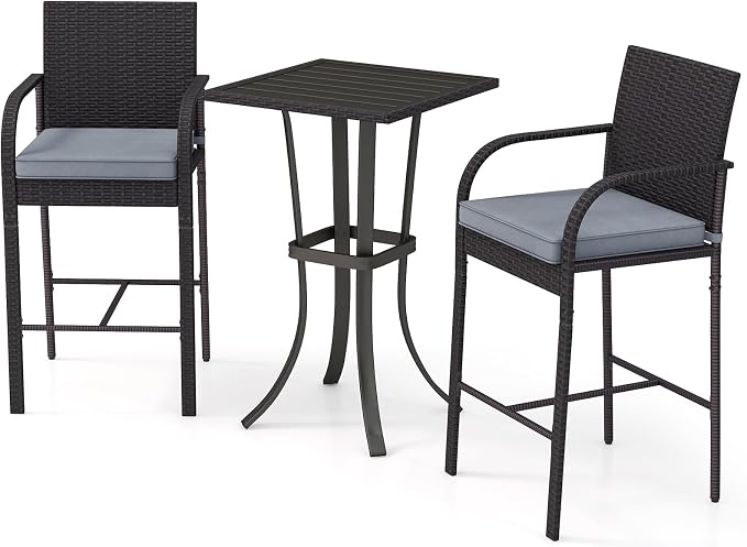 Tangkula 3 Piece Patio Wicker Bar Set, Outdoor Rattan Counter Height Cushioned by TANGKULA