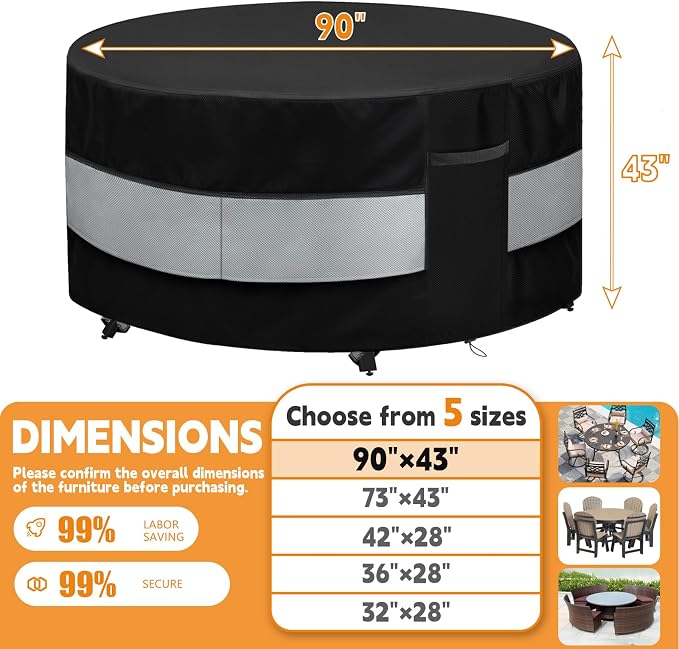 Round Patio Bar Height Table and Chair Cover Black Grey Waterproof Up to 10000pa - Image 2