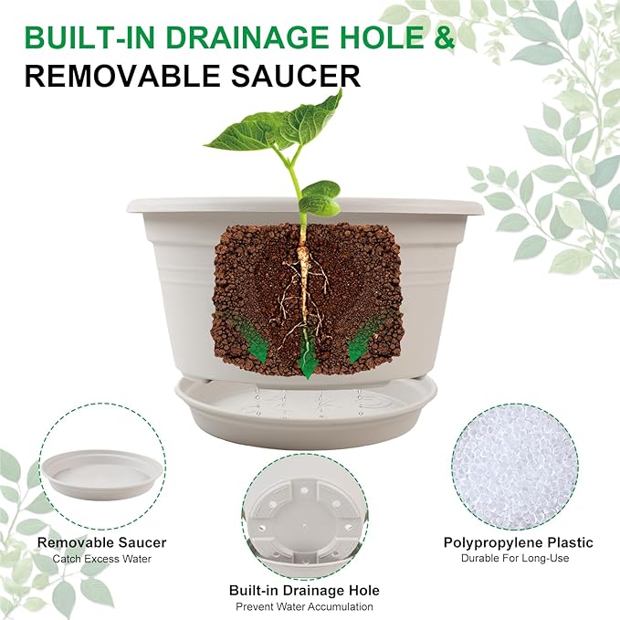 Large 4 Pack 13 inch Plant Pots, Round Plastic Pots - Image 3