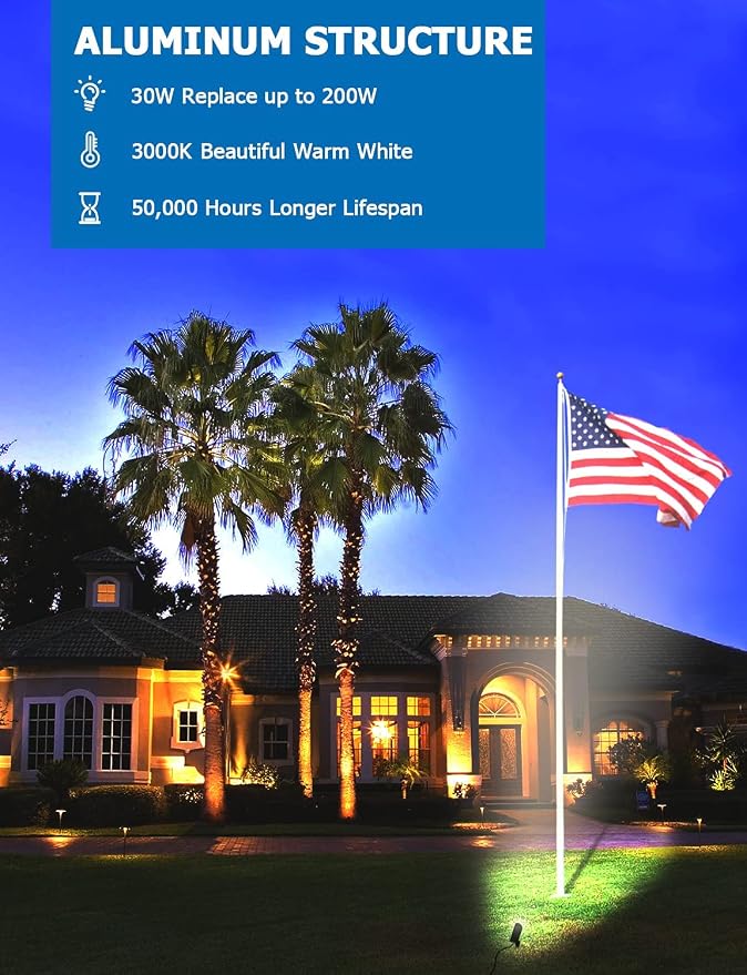SUNVIE 30W Spot Lights Outdoor LED Spotlight 120V 3000LM Ultra Bright Flag Pole - Image 8
