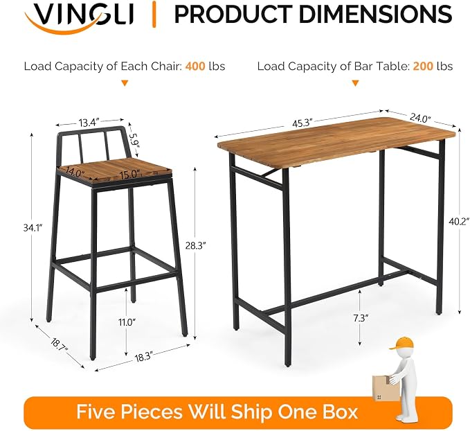 VINGLI 5 Pieces Outdoor Patio Bar Set, Acacia Wood Outdoor Dining Set Patio - Image 7