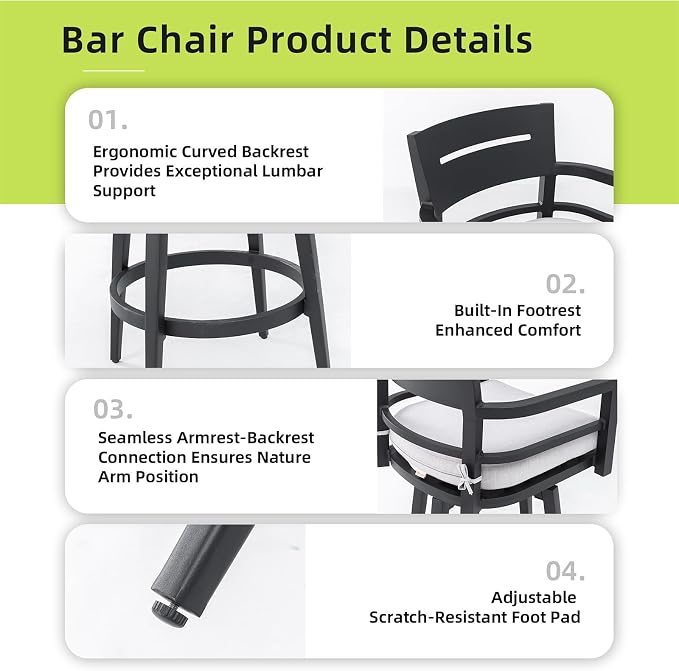 Modern Outdoor Bar Stools Set of 2 Swivel Patio Bar Chairs - Image 4