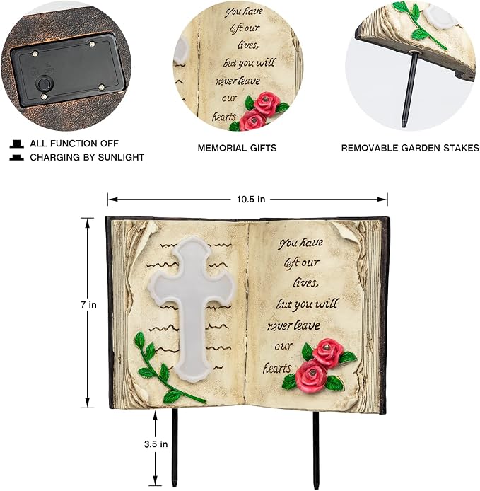 Outdoor Solar Memorial Cross Stakes Lights, Waterproof Book Statue Grave - Image 8