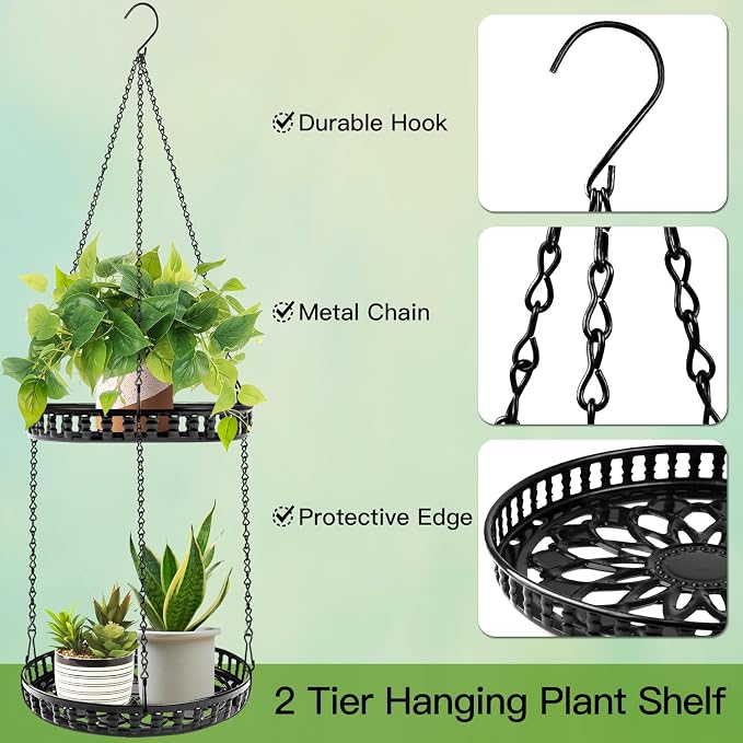 Plant Hanger Indoor Outdoor, 2 Tier Hanging Planter Plant Shelf, Metal Hanging - Image 3