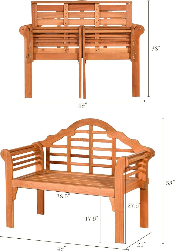 Classic Patio Loveseat Bench, Eucalyptus Wood, 4 FT, Arched Back & Armrests - Image 3