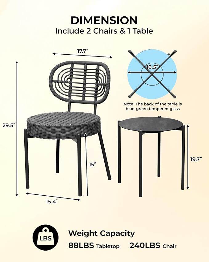 GarveeLife 3 Piece Wicker Patio Bistro Furniture Set, Outdoor Dining Chairs - Image 3