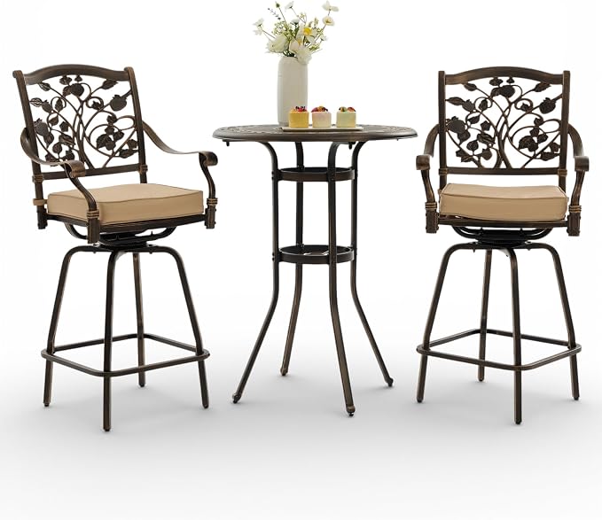 3-Piece Outdoor Bar Height Dining Set, Cast Aluminum Swivel Bar Stools by Attliahome